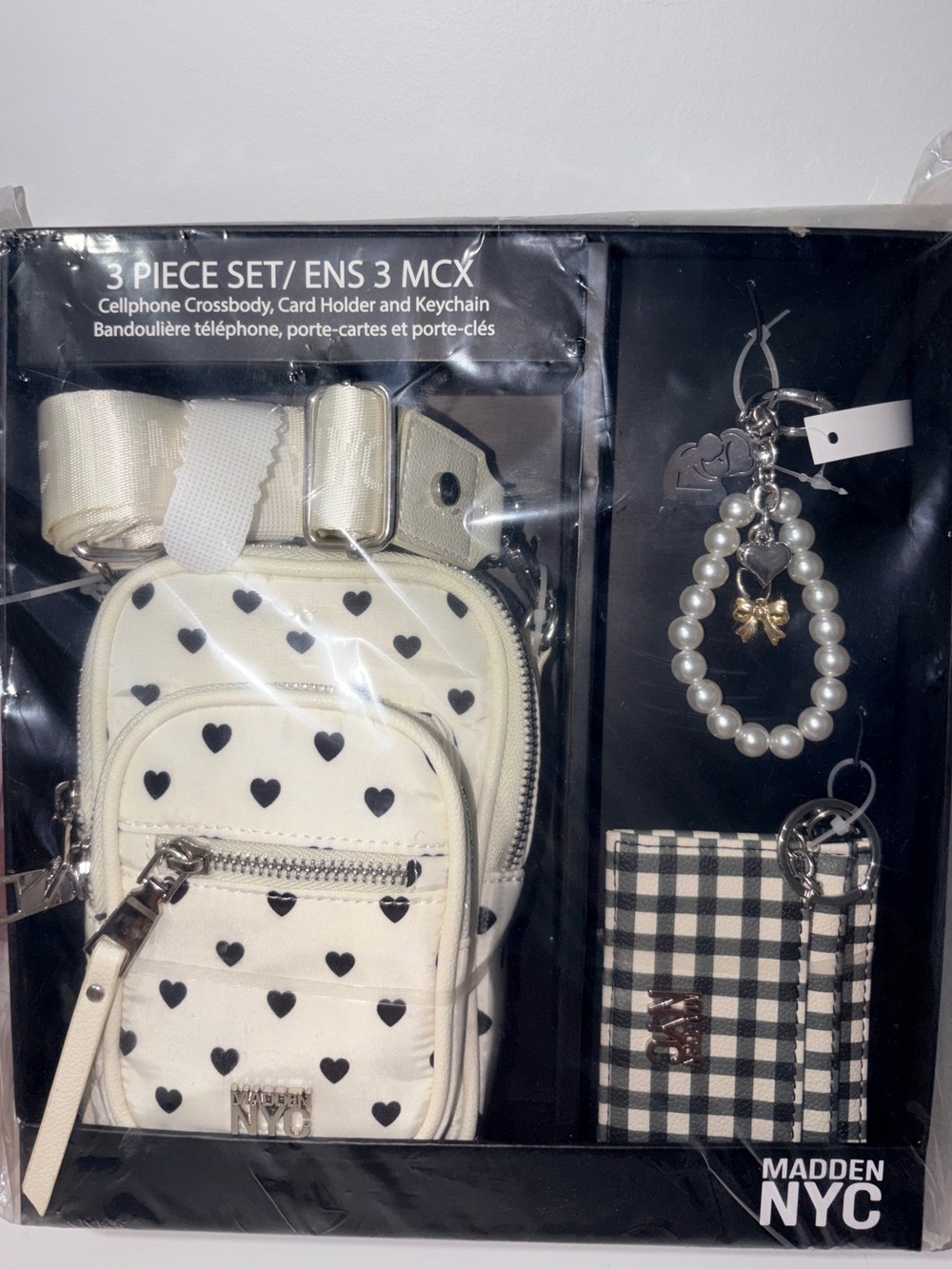 Madden NYC 3-Piece Cell Phone Crossbody Set Heart Print Card Holder Keychain NWT